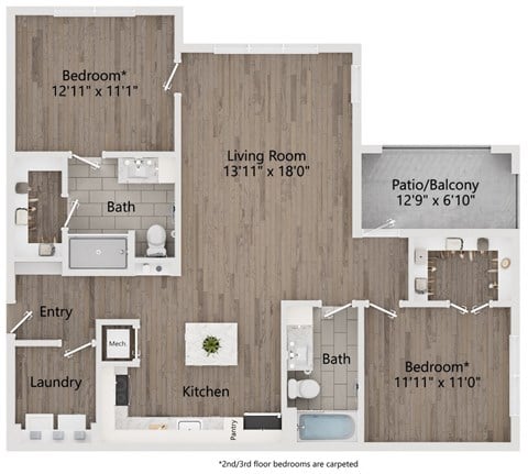 Floor plan for 2 beds, 2 baths, 1155 sqft